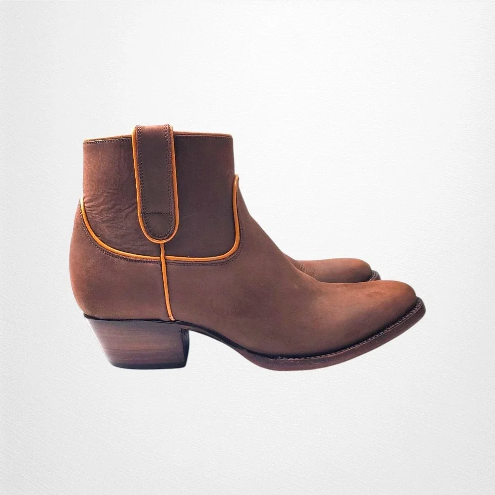 Allens Boots Brown Suede Leather Western Ankle Boots Yellow Piping 8.5 B